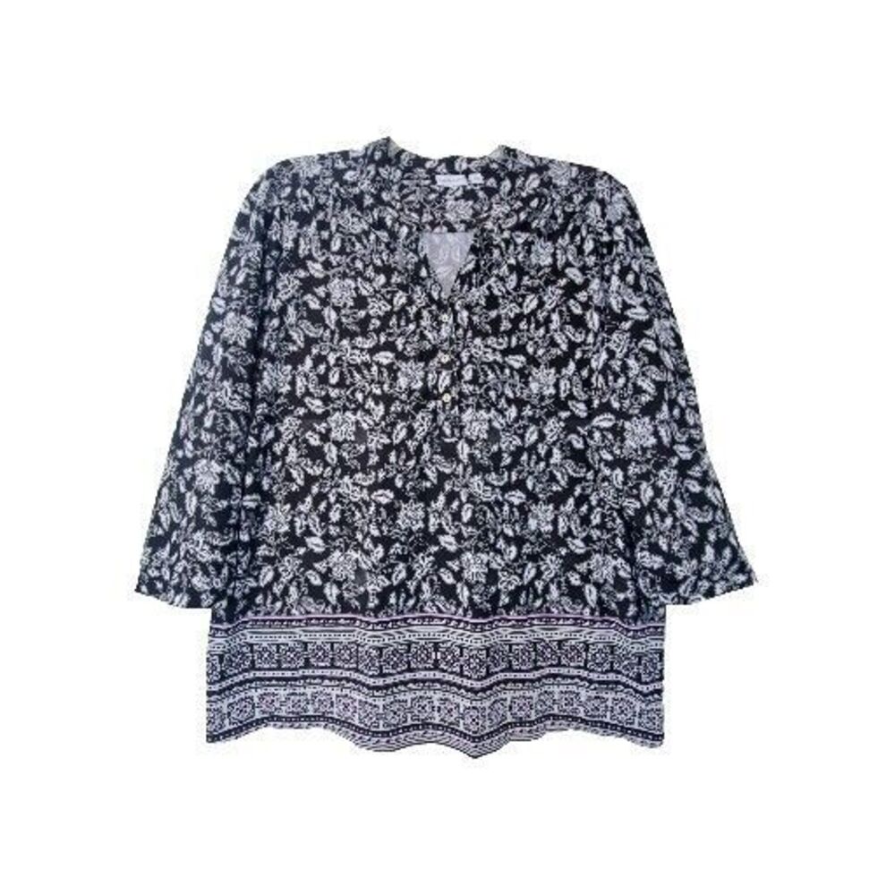 Kim Rogers Top Size XL Blouse 3/4 Sleeves Black White Purple Shirt